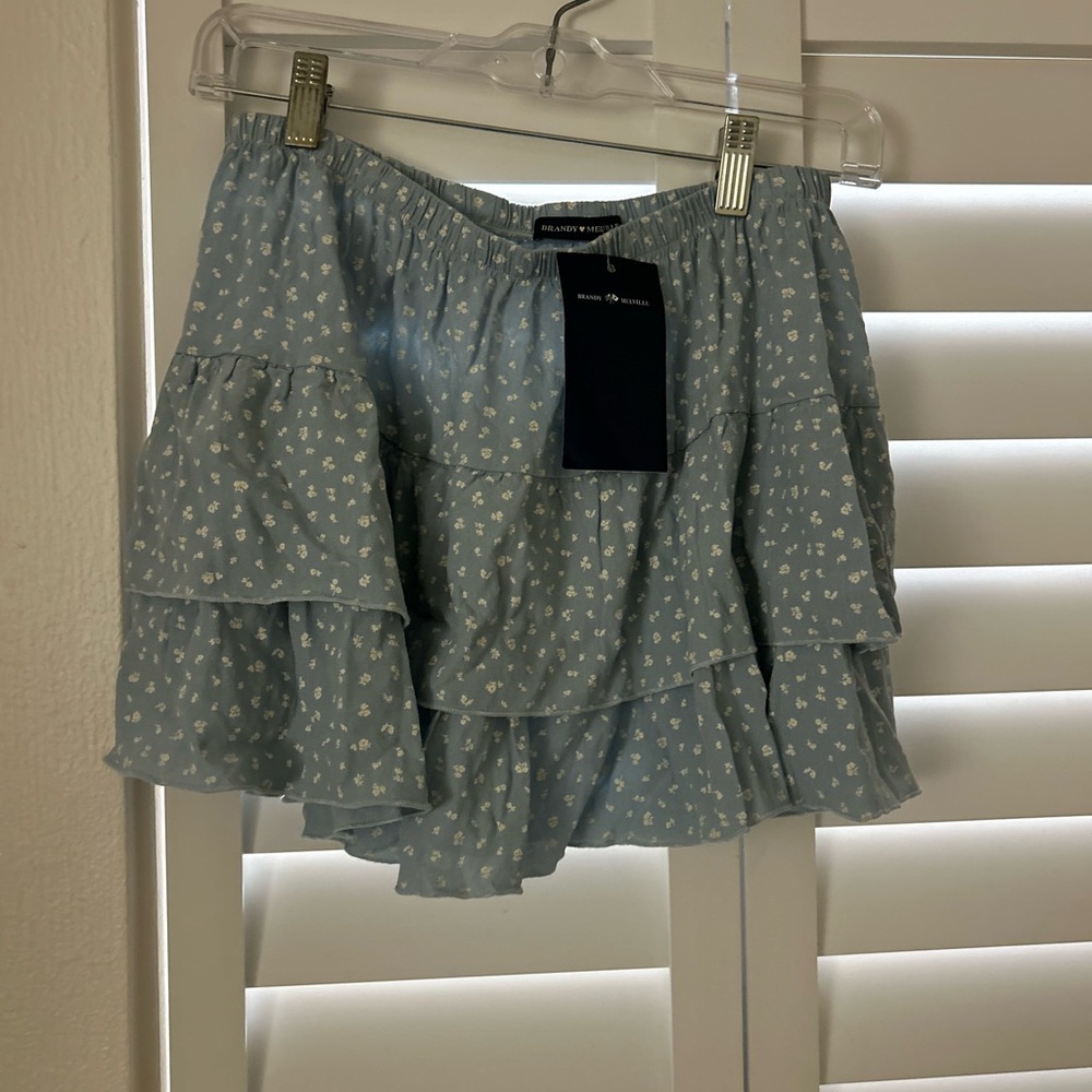 Brandy Melville Light Blue Skirt with White Floral Design